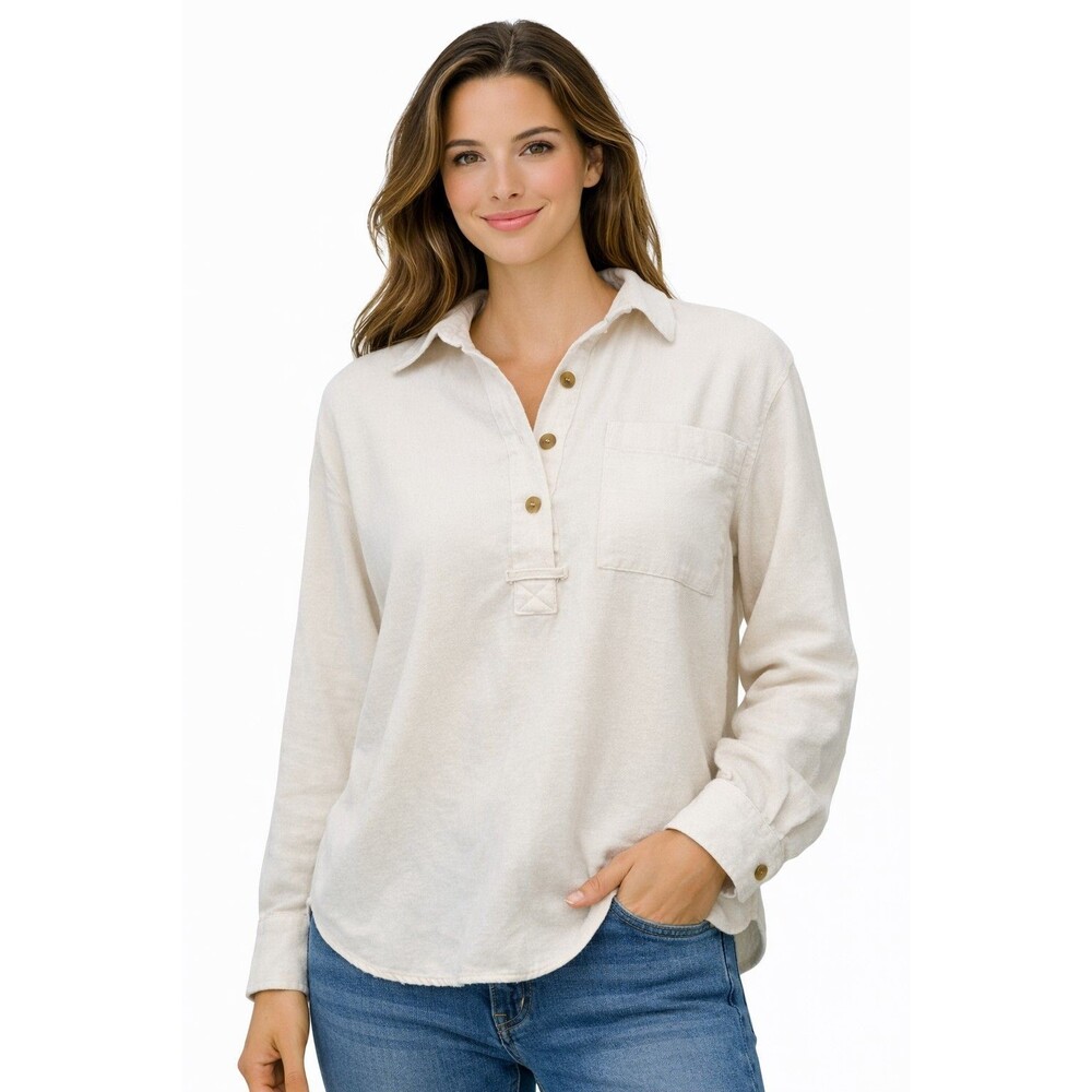 Madewell Womens M Ivory Button Henley Blouse Long Sleeve Top Casual Minimalist